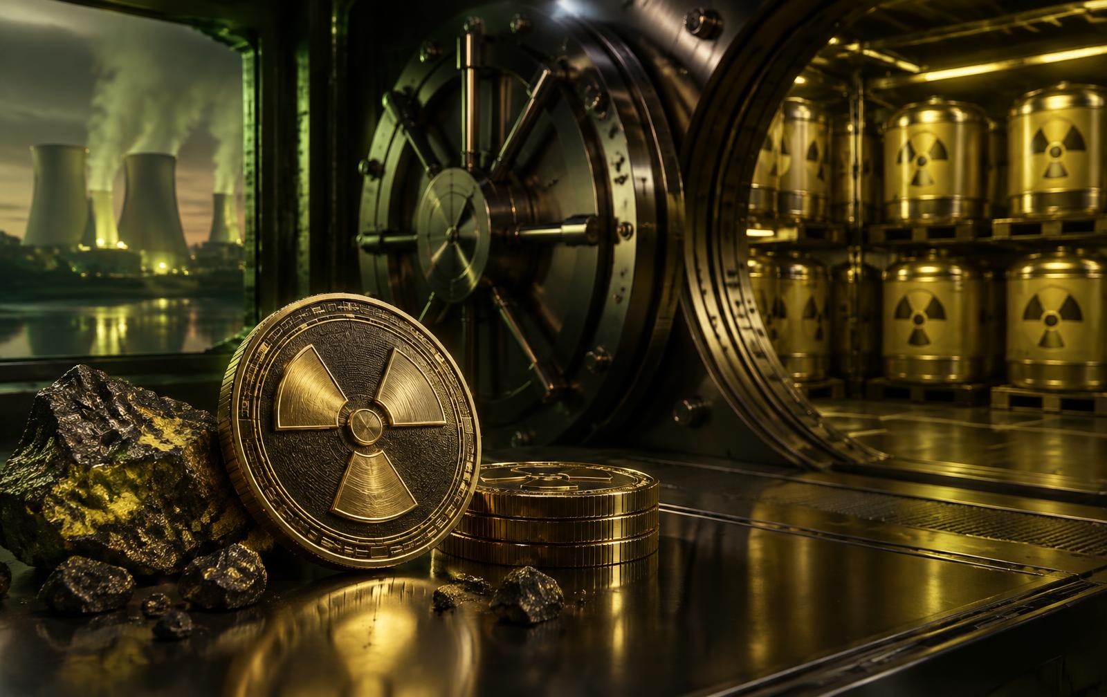 A secure industrial vault with uranium barrels, ore, and a $NUKE coin.